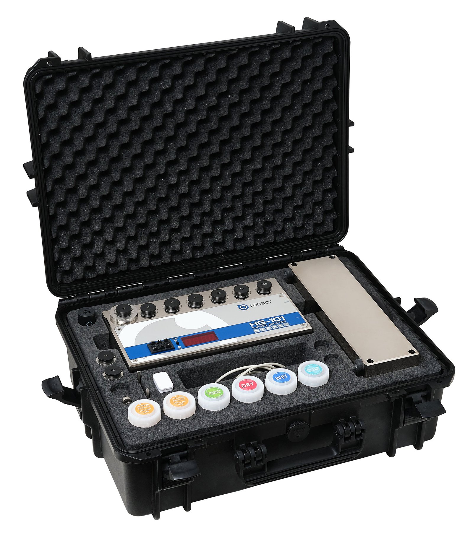 HG-101 USB SET-COMBO humidity calibrator with both the 7-port cell and the CH132 datalogger chamber in a larger case