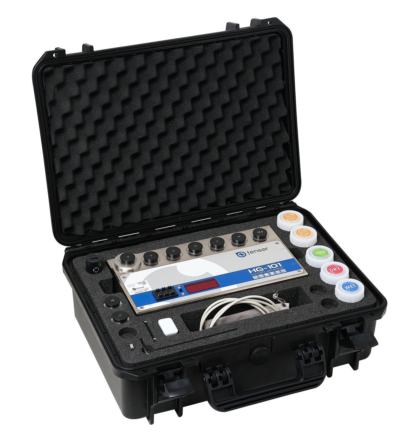 HG-101 USB SET7 humidity calibrator packed in its rugged transport case with cartridges and adapters